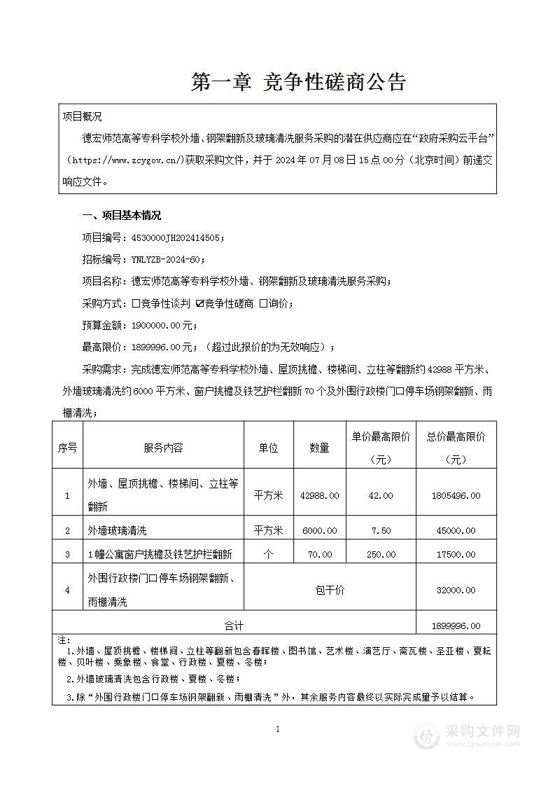 德宏师范高等专科学校外墙、钢架翻新及玻璃清洗服务采购