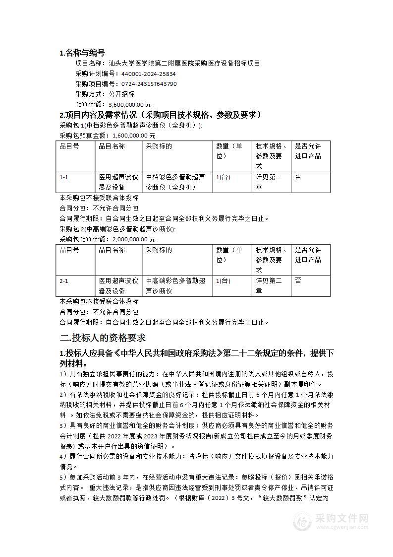 汕头大学医学院第二附属医院采购医疗设备招标项目（项目编号：0724-2431ST643790）