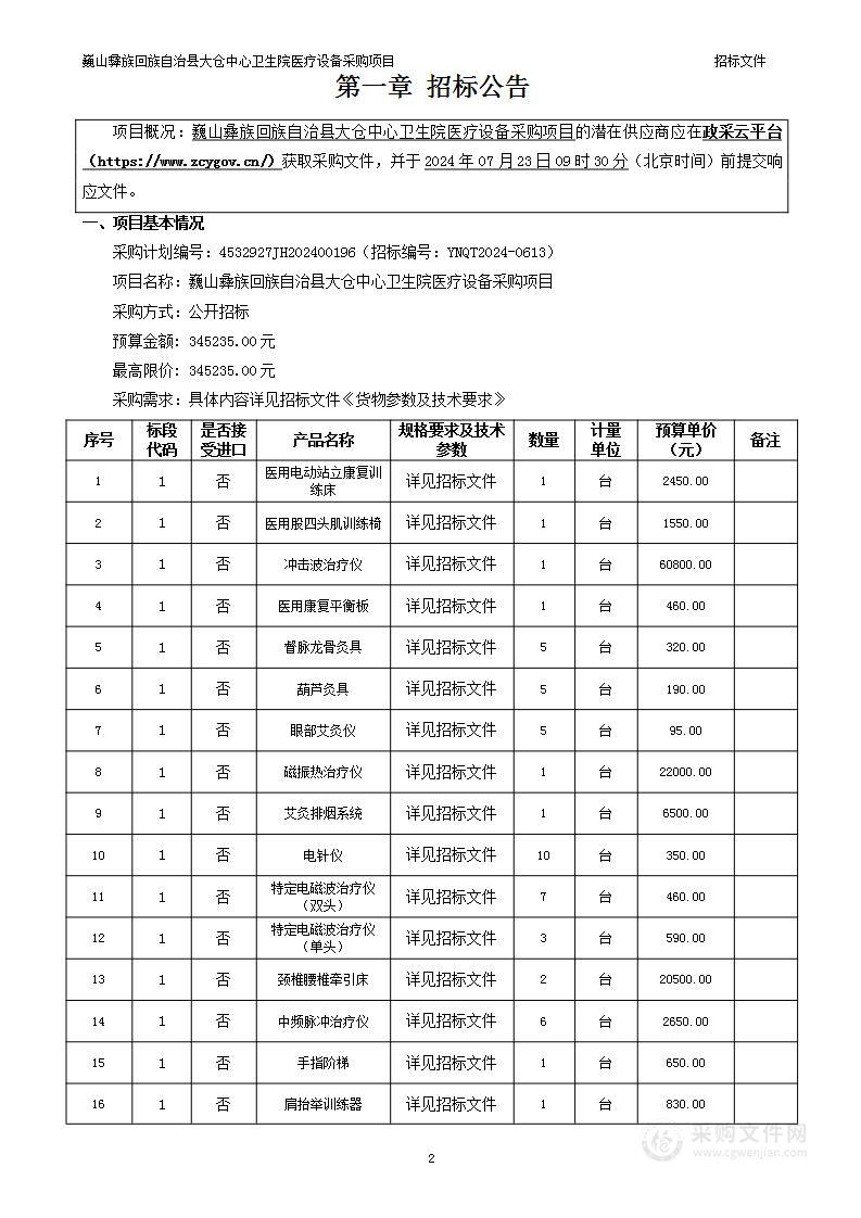 巍山彝族回族自治县大仓中心卫生院医疗设备采购项目