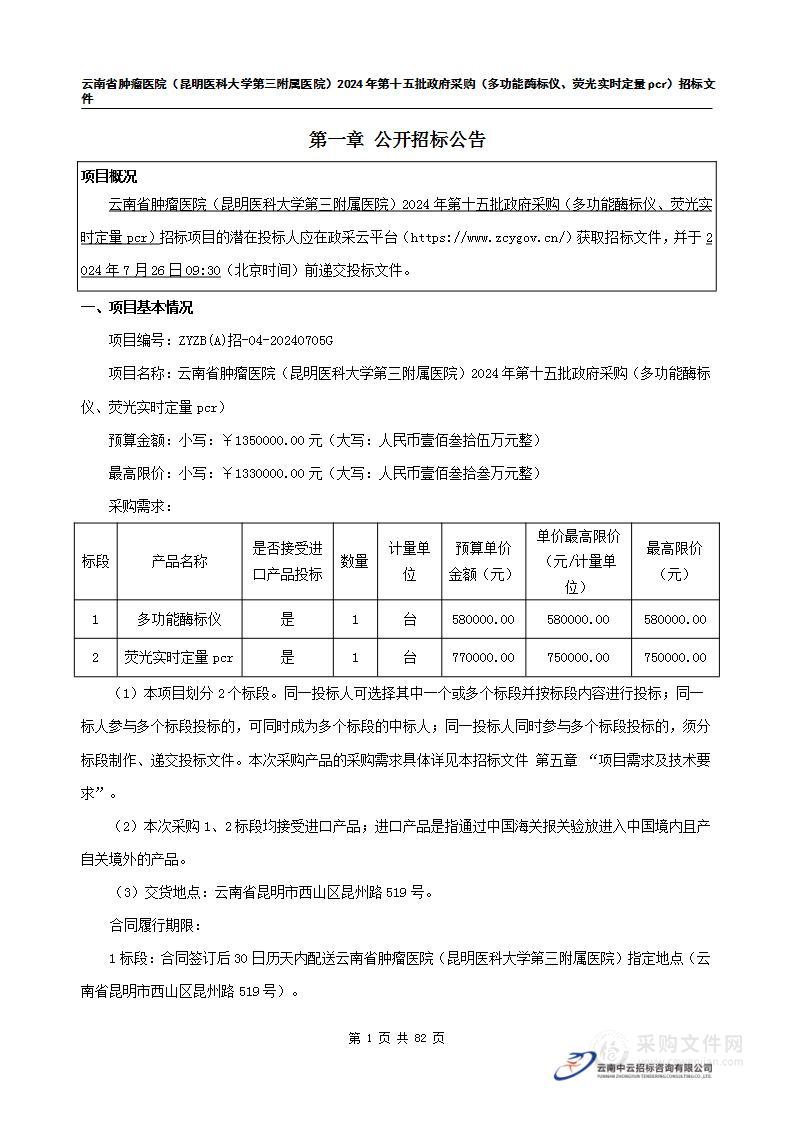 云南省肿瘤医院2024年第十五批政府采购（多功能酶标仪、实时荧光定量PCR）