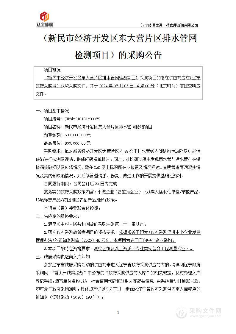 新民市经济开发区东大营片区排水管网检测项目