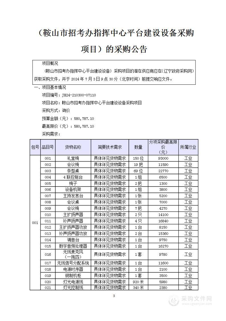 鞍山市招考办指挥中心平台建设询价采购项目