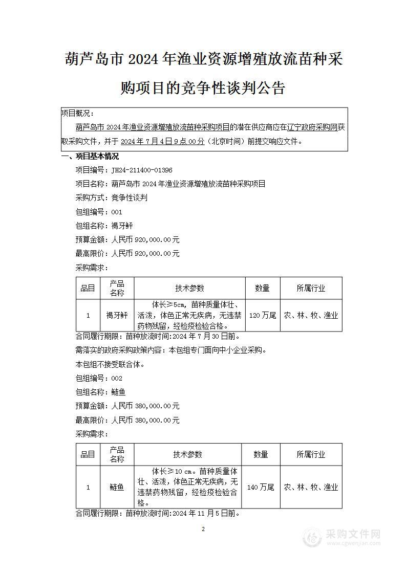 葫芦岛市2024年渔业资源增殖放流苗种采购项目