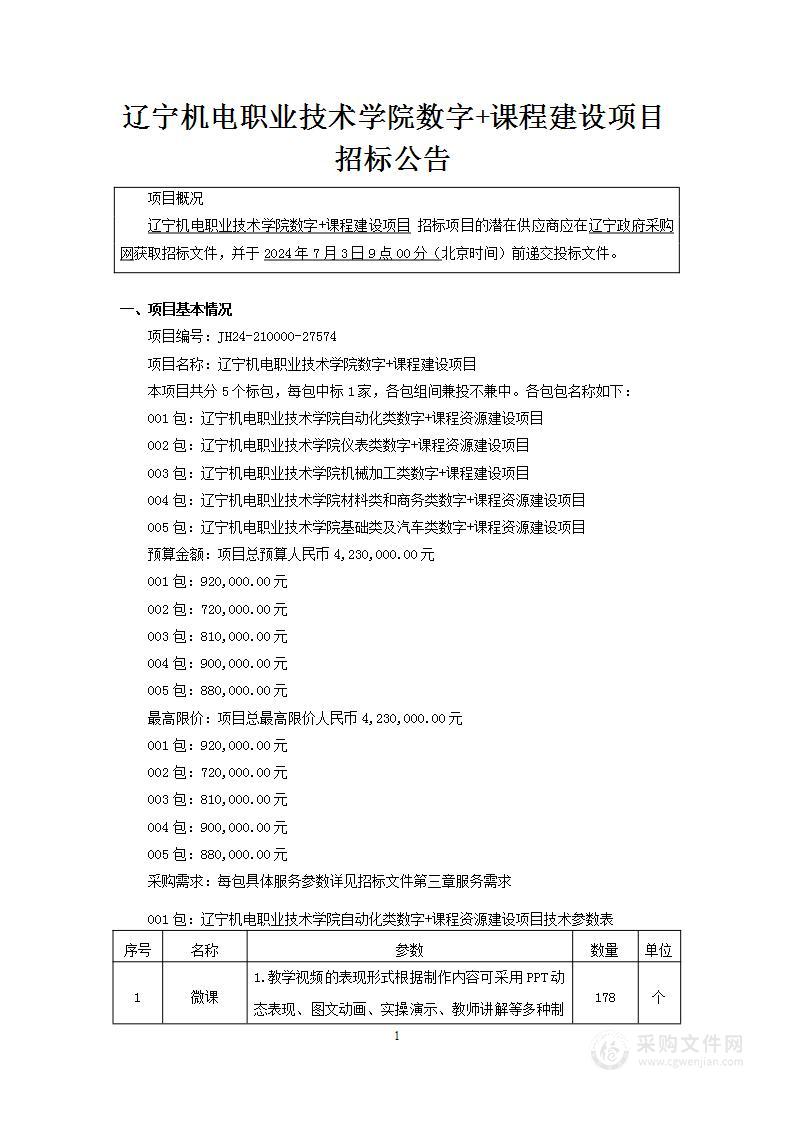 辽宁机电职业技术学院数字+课程建设项目