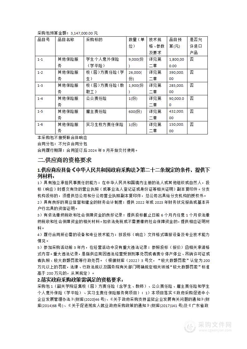 韶关学院征集校（园）方责任险（含学生、教师）、公众责任险、雇主责任险和学生个人意外保险（学平险）、实习生责任保险服务商项目