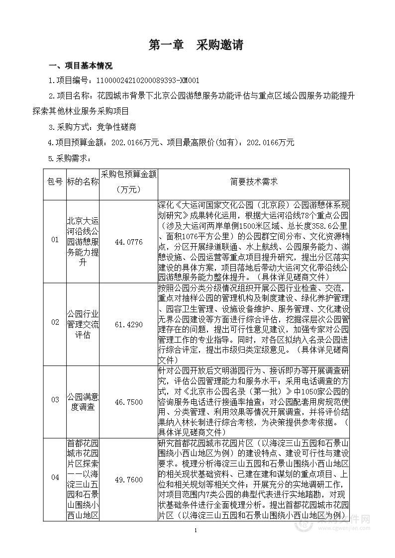 花园城市背景下北京公园游憩服务功能评估与重点区域公园服务功能提升探索其他林业服务采购项目（第一包）