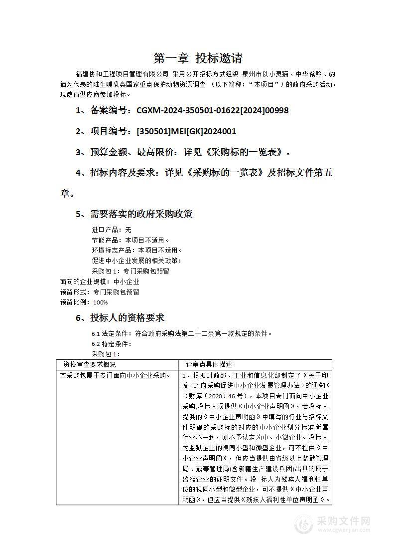 泉州市以小灵猫、中华鬣羚、豹猫为代表的陆生哺乳类国家重点保护动物资源调查