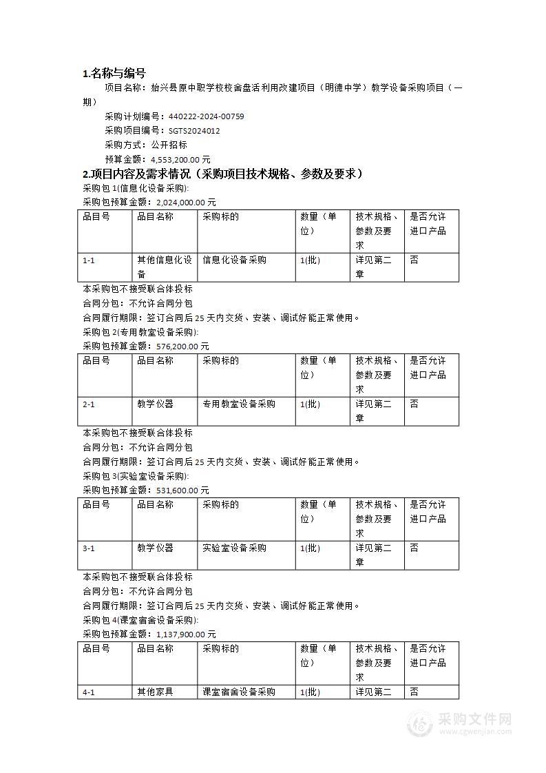 始兴县原中职学校校舍盘活利用改建项目（明德中学）教学设备采购项目（一期）