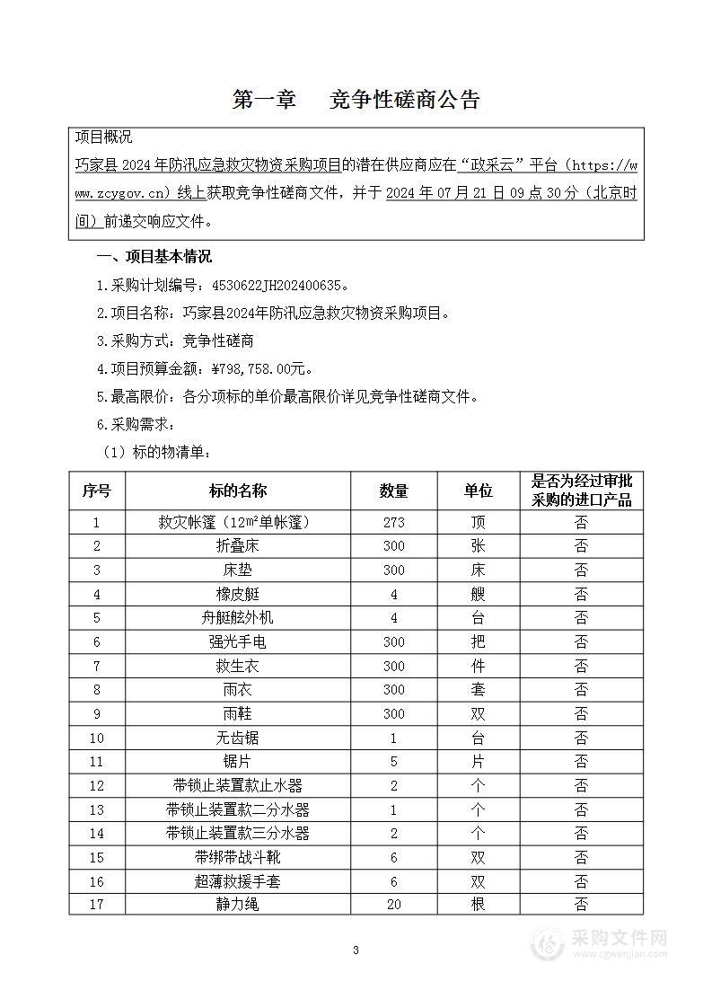 巧家县2024年防汛应急救灾物资采购项目