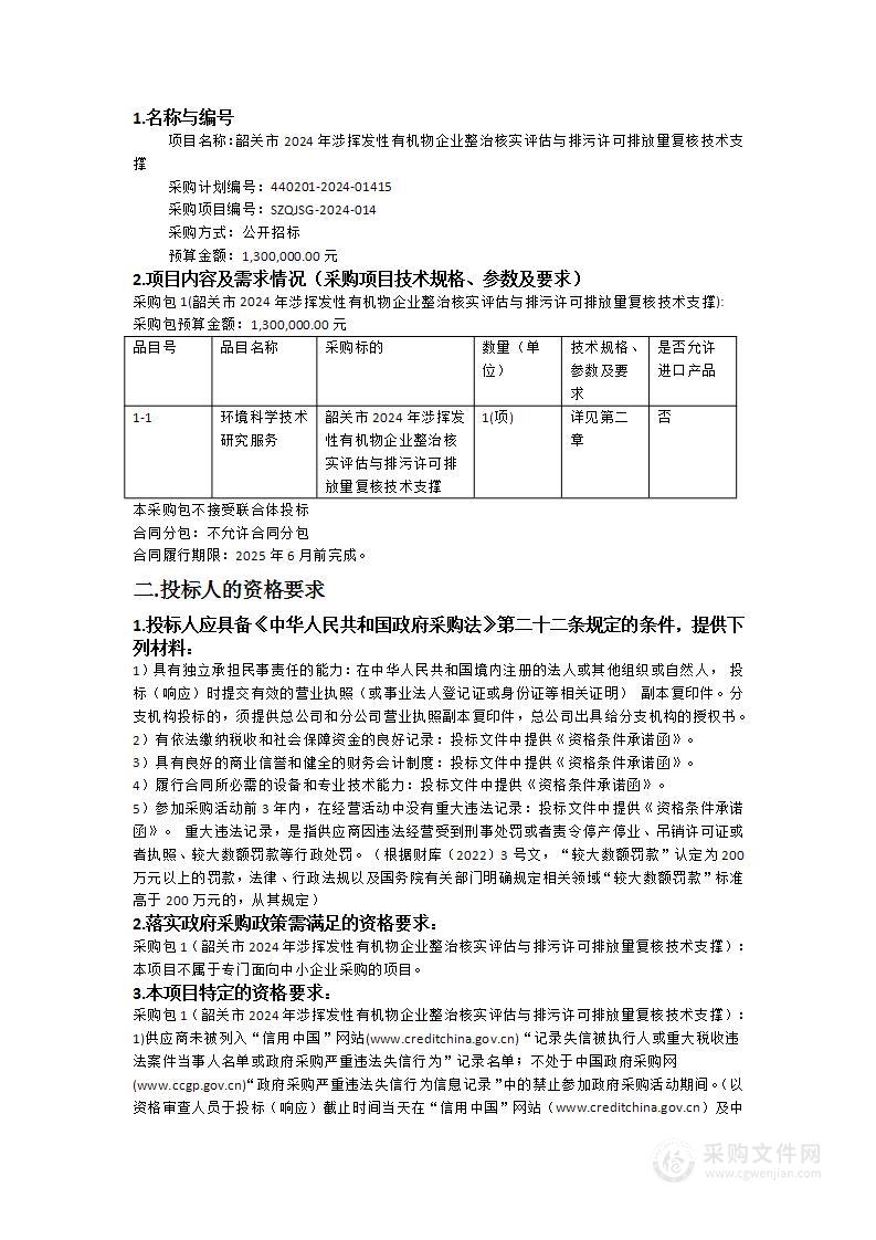 韶关市2024年涉挥发性有机物企业整治核实评估与排污许可排放量复核技术支撑