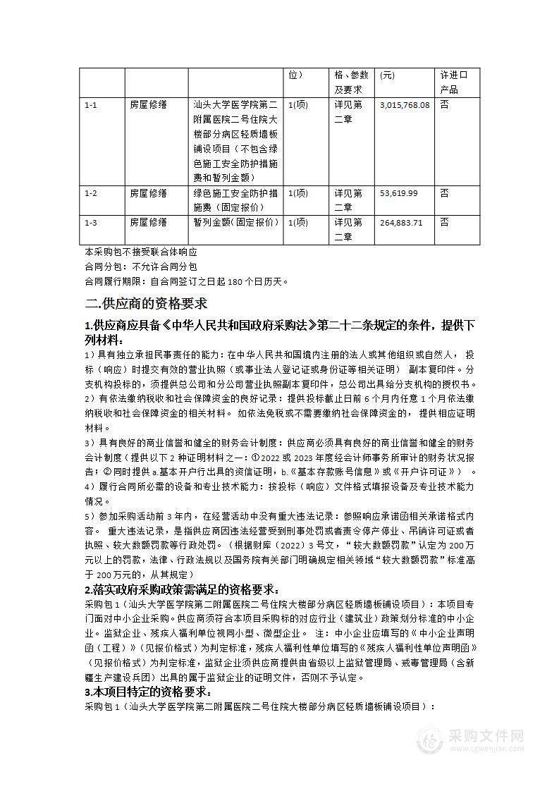 汕头大学医学院第二附属医院二号住院大楼部分病区轻质墙板铺设项目