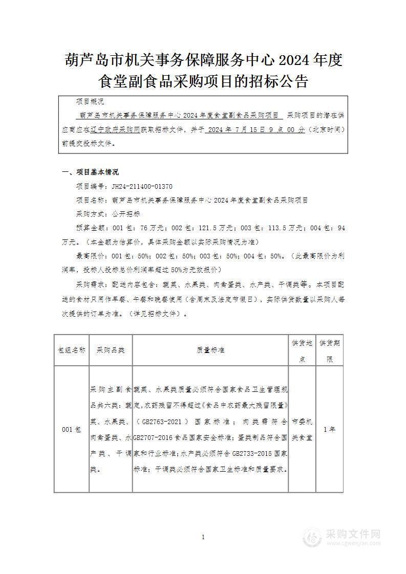 葫芦岛市机关事务保障服务中心2024年度食堂副食品采购项目