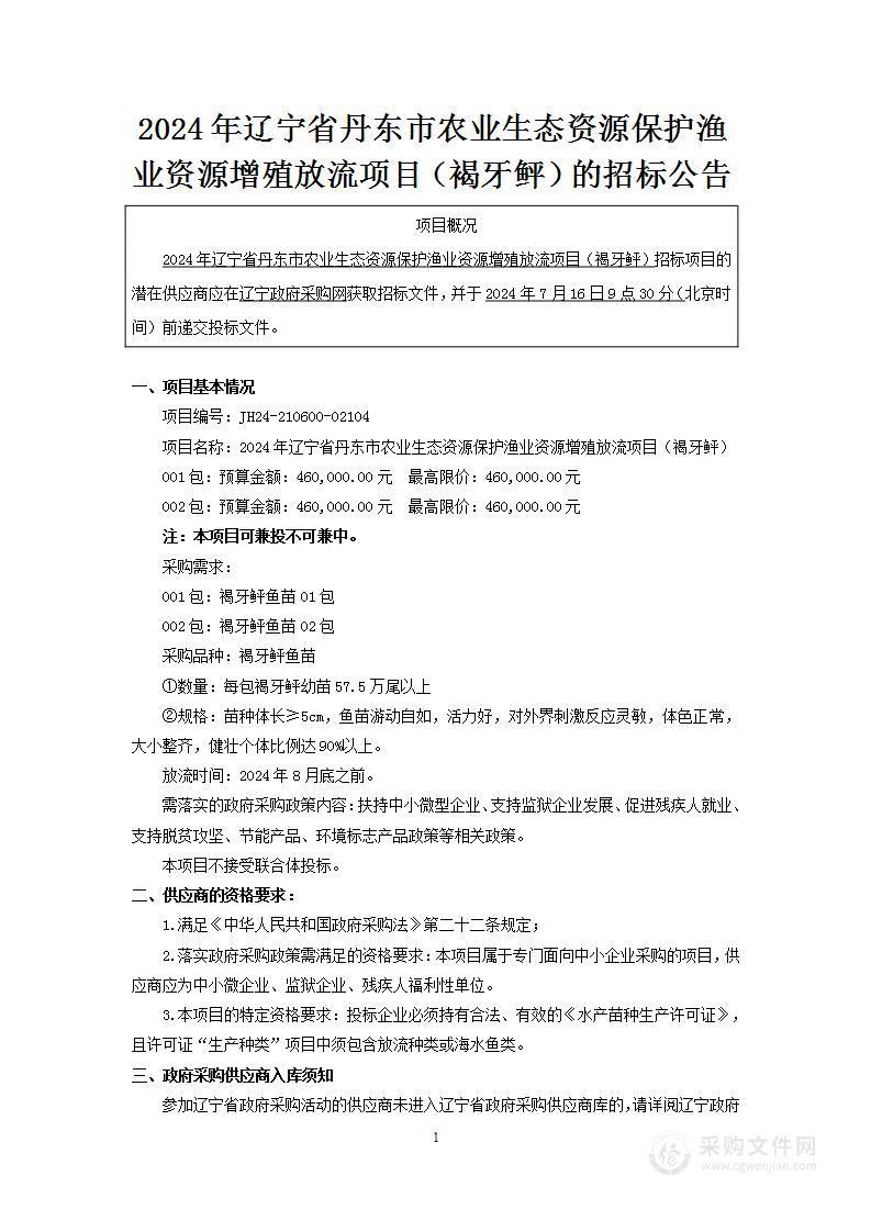 2024年辽宁省丹东市农业生态资源保护渔业资源增殖放流项目（褐牙鲆）