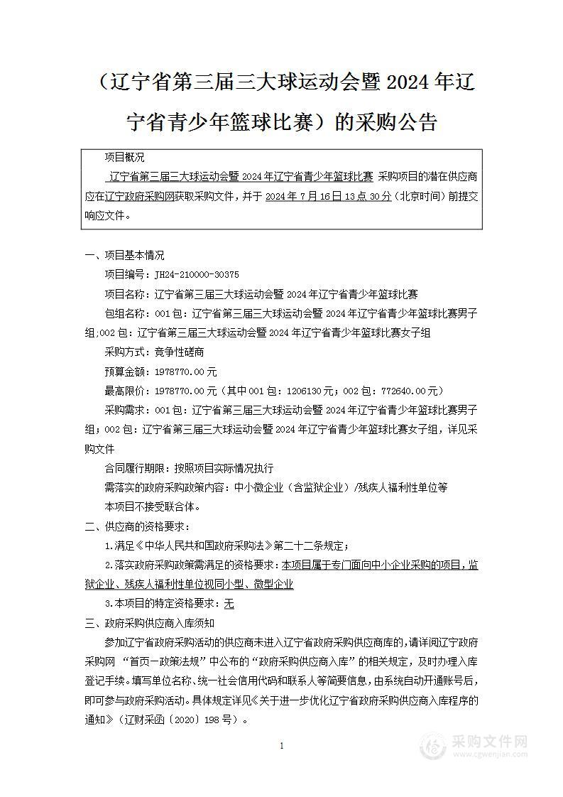 辽宁省第三届三大球运动会暨2024年辽宁省青少年篮球比赛