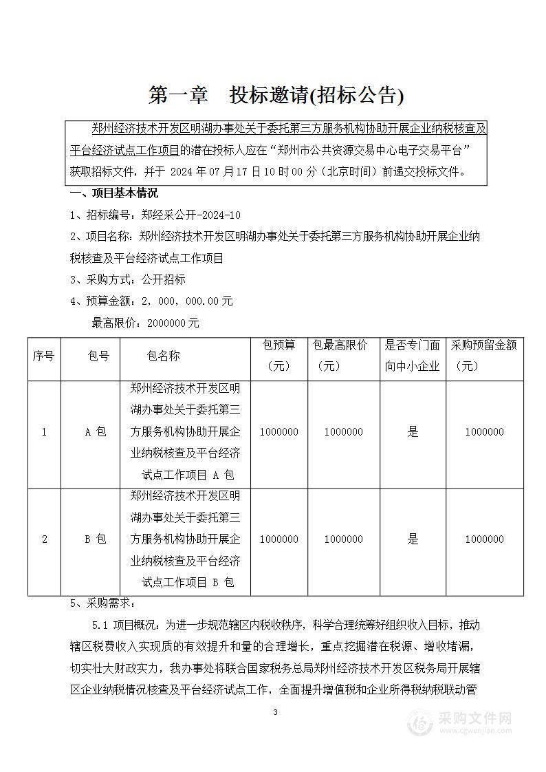 郑州经济技术开发区明湖办事处关于委托第三方服务机构协助开展企业纳税核查及平台经济试点工作项目