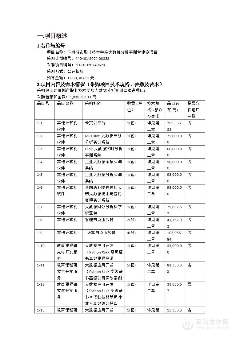 珠海城市职业技术学院大数据分析实训室建设项目