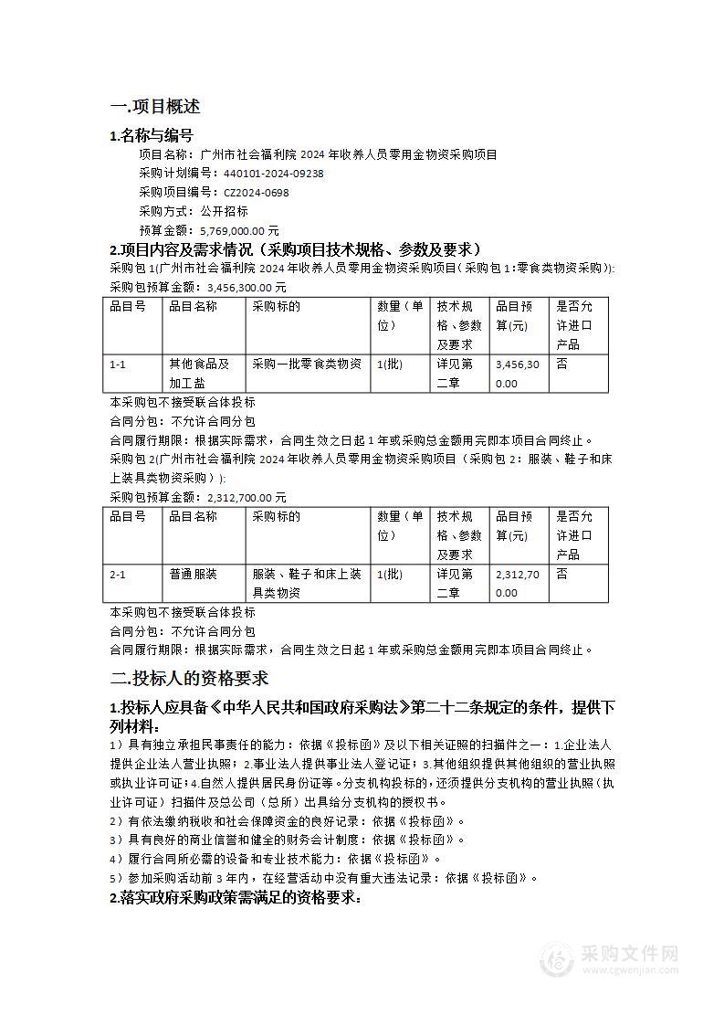 广州市社会福利院2024年收养人员零用金物资采购项目