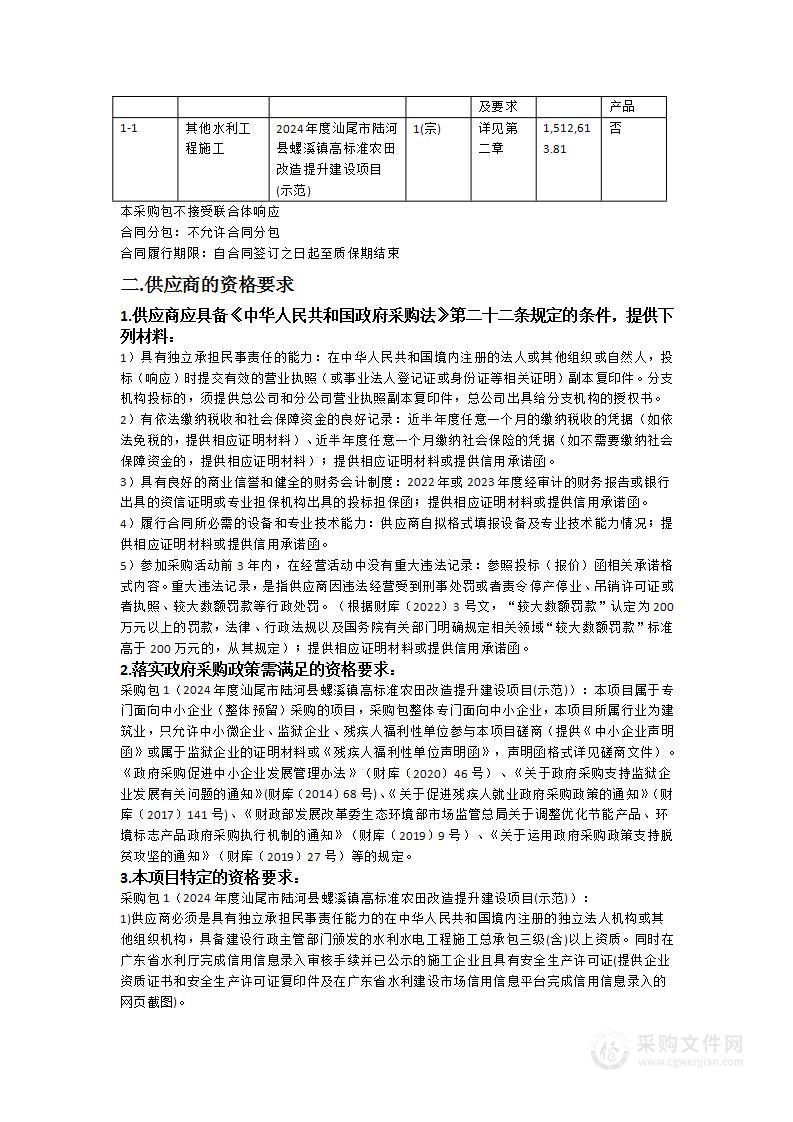 2024年度汕尾市陆河县螺溪镇高标准农田改造提升建设项目(示范)