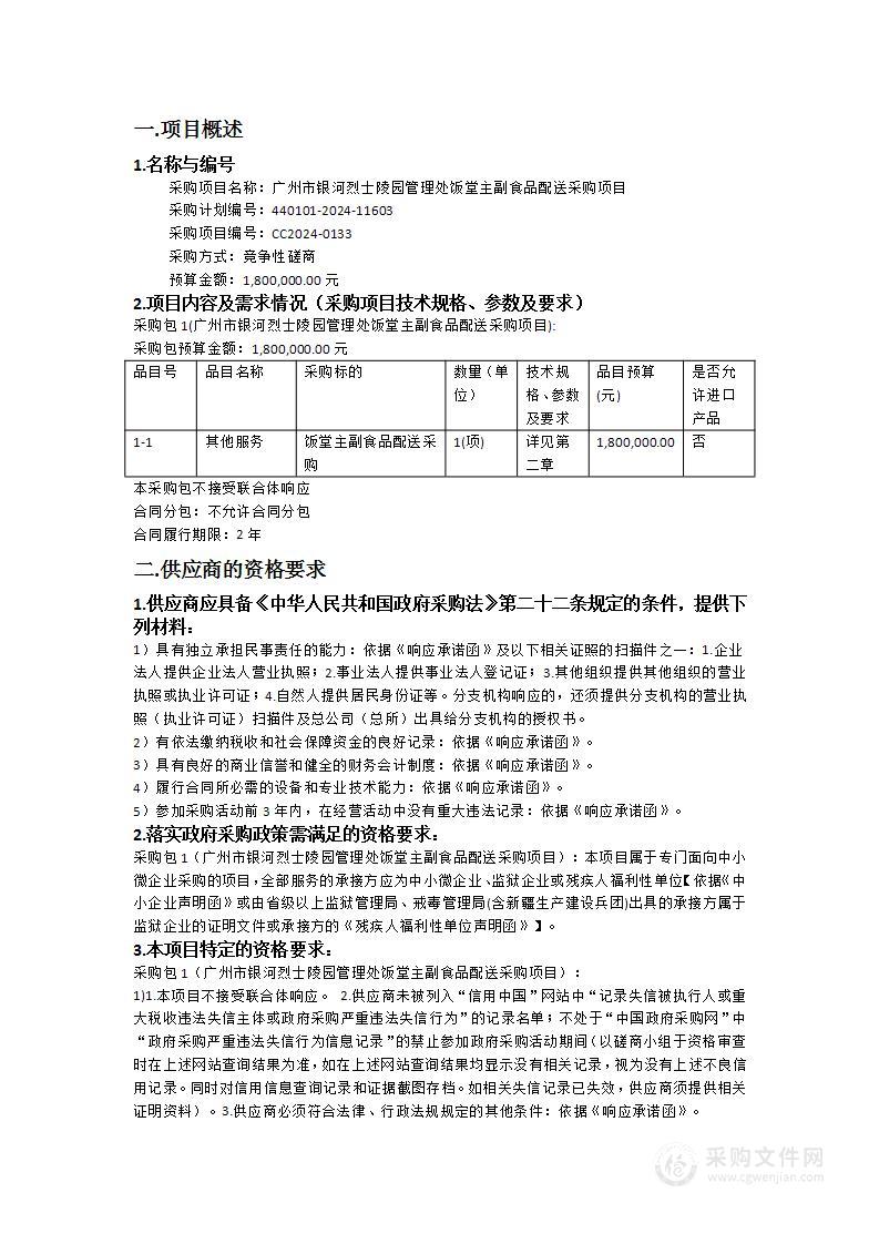 广州市银河烈士陵园管理处饭堂主副食品配送采购项目