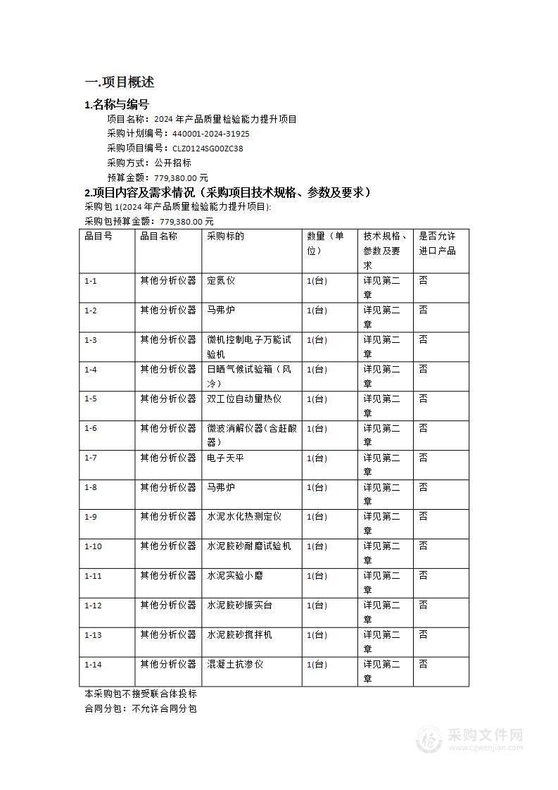 2024年产品质量检验能力提升项目