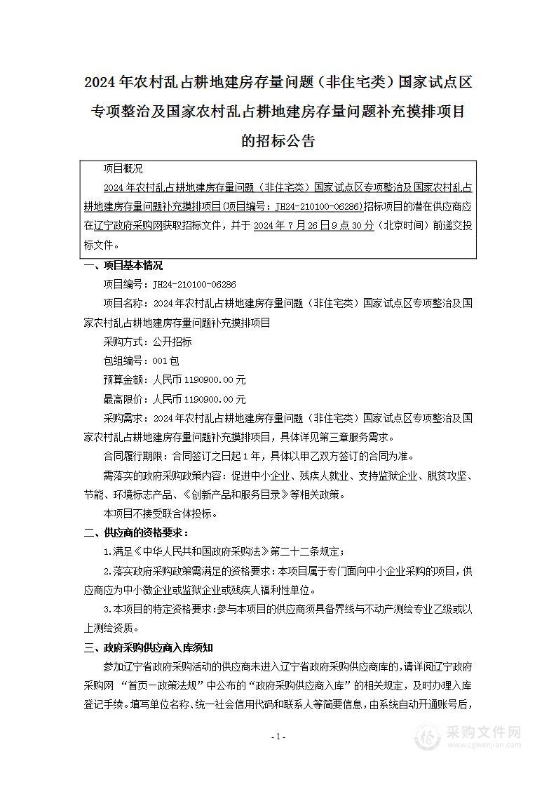 2024年农村乱占耕地建房存量问题（非住宅类）国家试点区专项整治及国家农村乱占耕地建房存量问题补充摸排项目