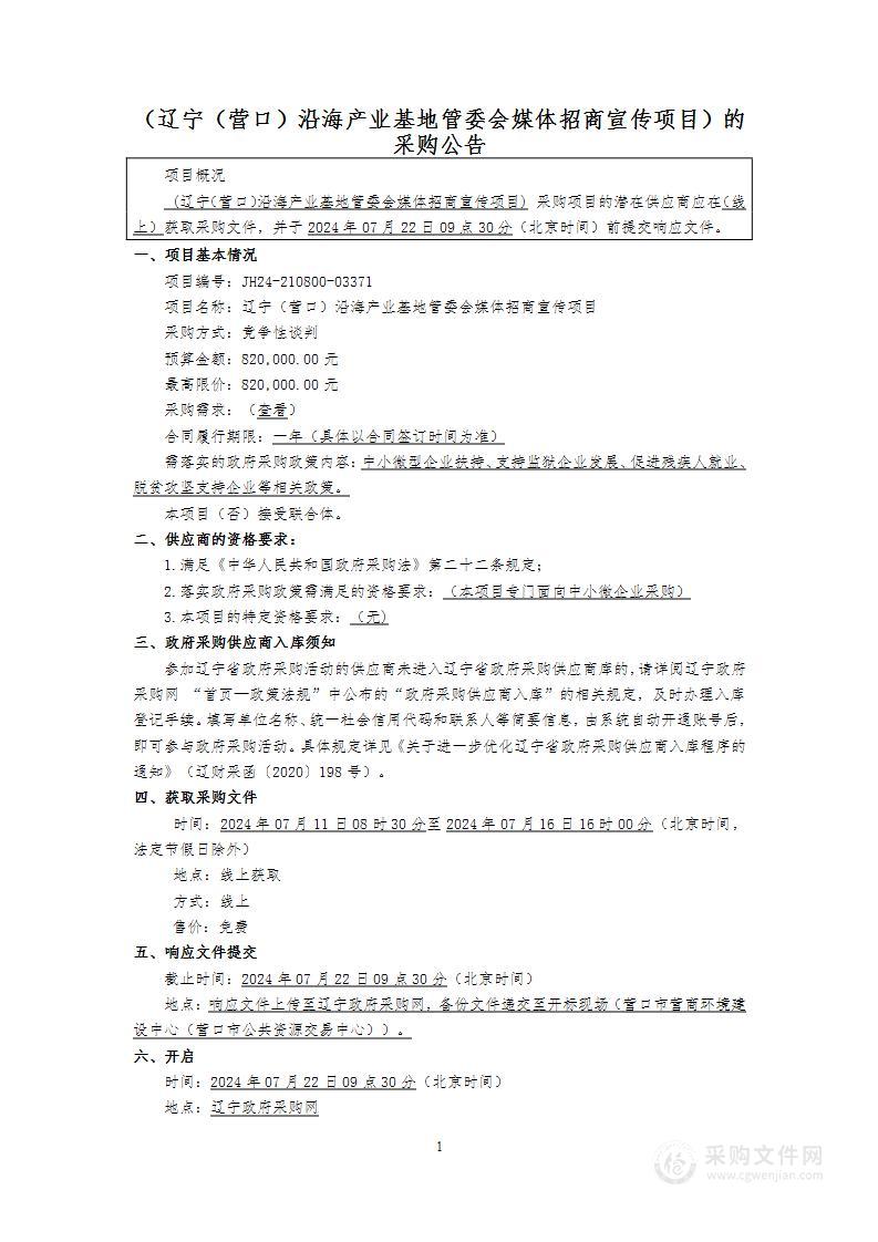 辽宁（营口）沿海产业基地管委会媒体招商宣传项目