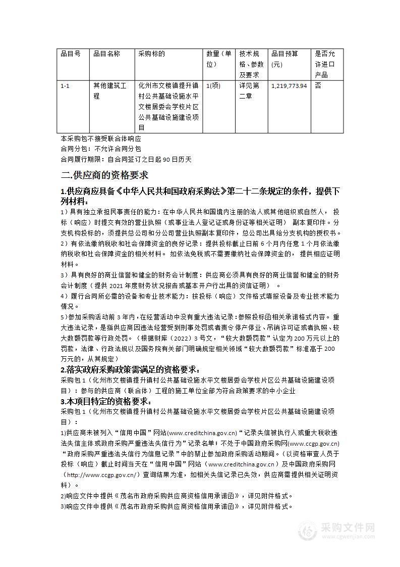 化州市文楼镇提升镇村公共基础设施水平文楼居委会学校片区公共基础设施建设项目