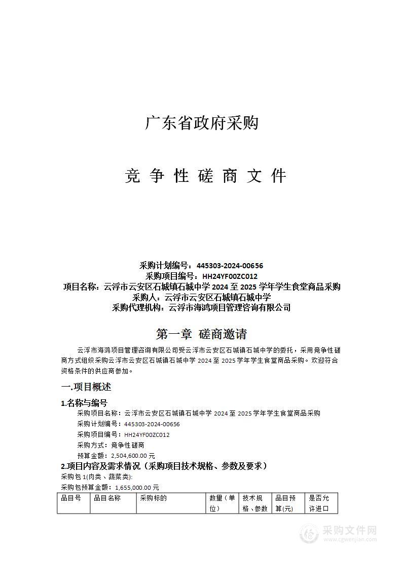 云浮市云安区石城镇石城中学2024至2025学年学生食堂商品采购