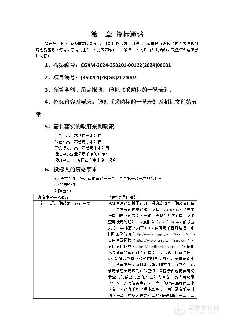 2024年度海沧区监控系统传输线路租赁服务（海沧、嵩屿为主）