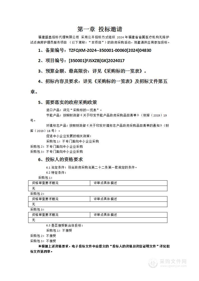 2024年福建省省属医疗机构无陪护试点病房护理员服务项目