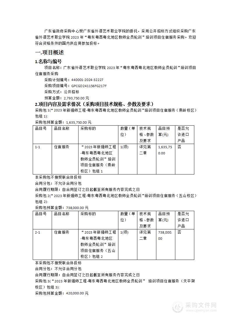 广东省外语艺术职业学院2023年“粤东粤西粤北地区教师全员轮训”培训项目住宿服务采购