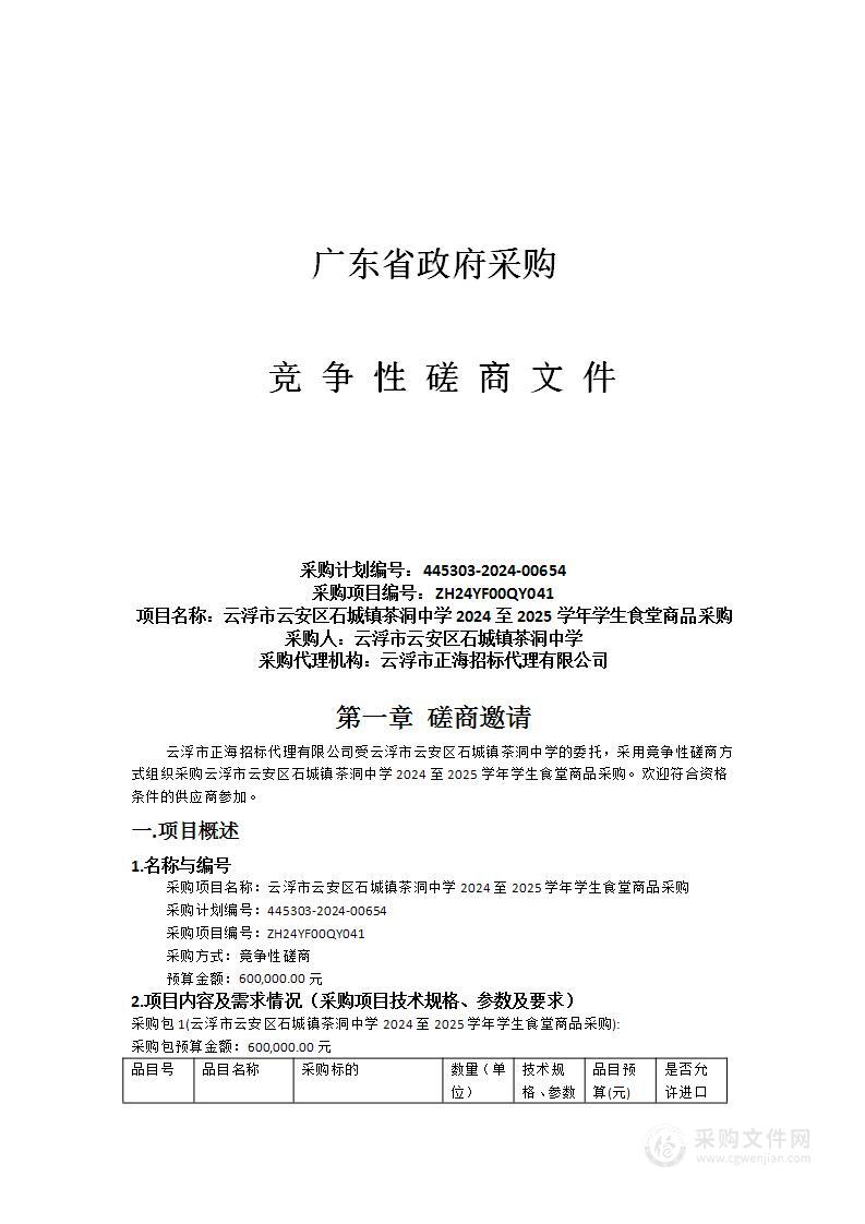 云浮市云安区石城镇茶洞中学2024至2025学年学生食堂商品采购