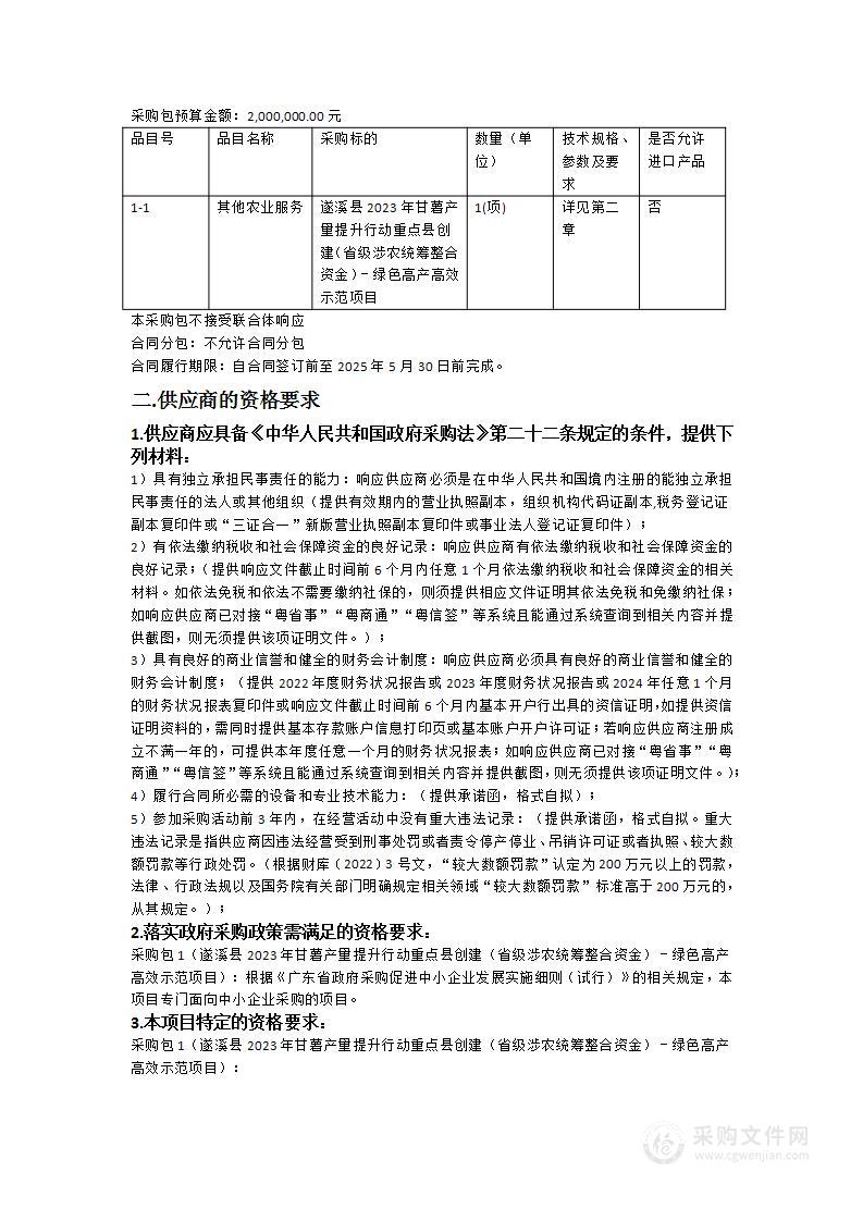 遂溪县2023年甘薯产量提升行动重点县创建（省级涉农统筹整合资金）－绿色高产高效示范项目