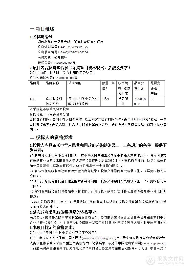 佛冈县大陂中学食材配送服务项目