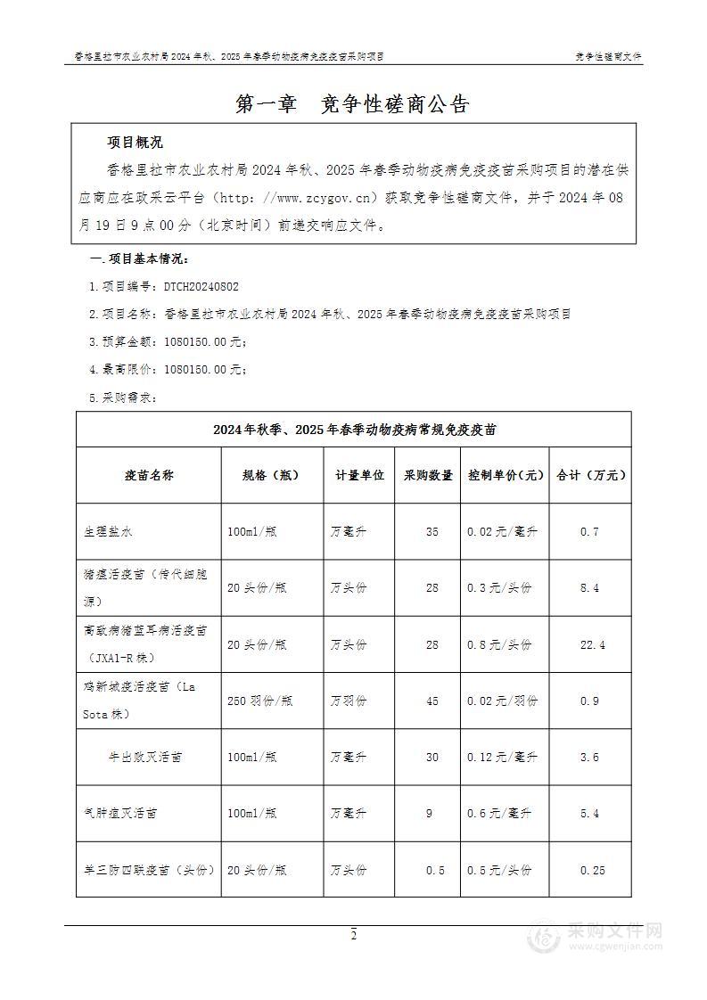 香格里拉市农业农村局2024年秋季、2025年春季动物疫病免疫疫苗采购项目