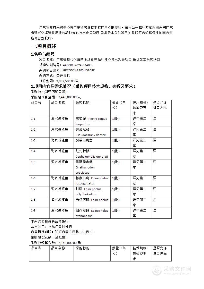 广东省现代化海洋牧场适养品种核心技术攻关项目-鱼类亲本采购项目