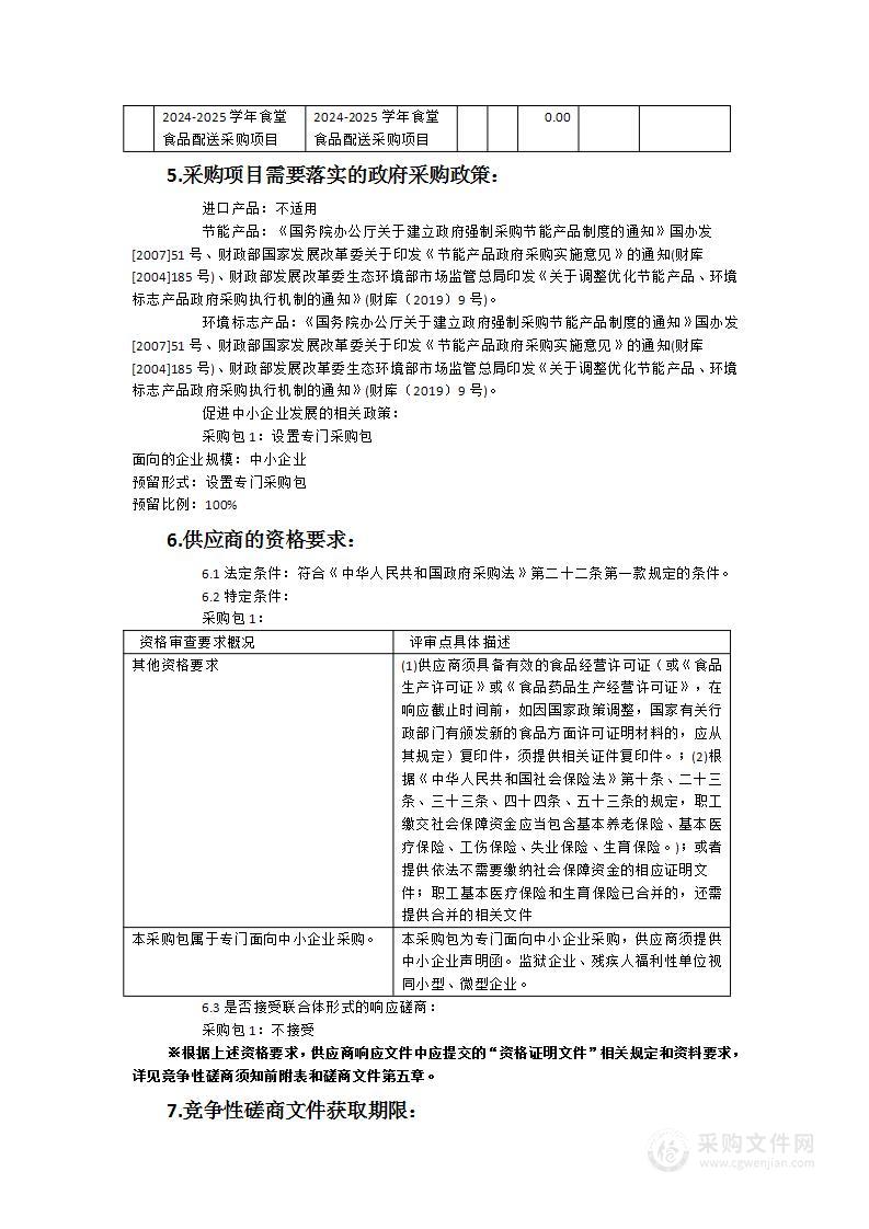 漳浦县六鳌中学2024-2025学年食堂食品配送采购项目