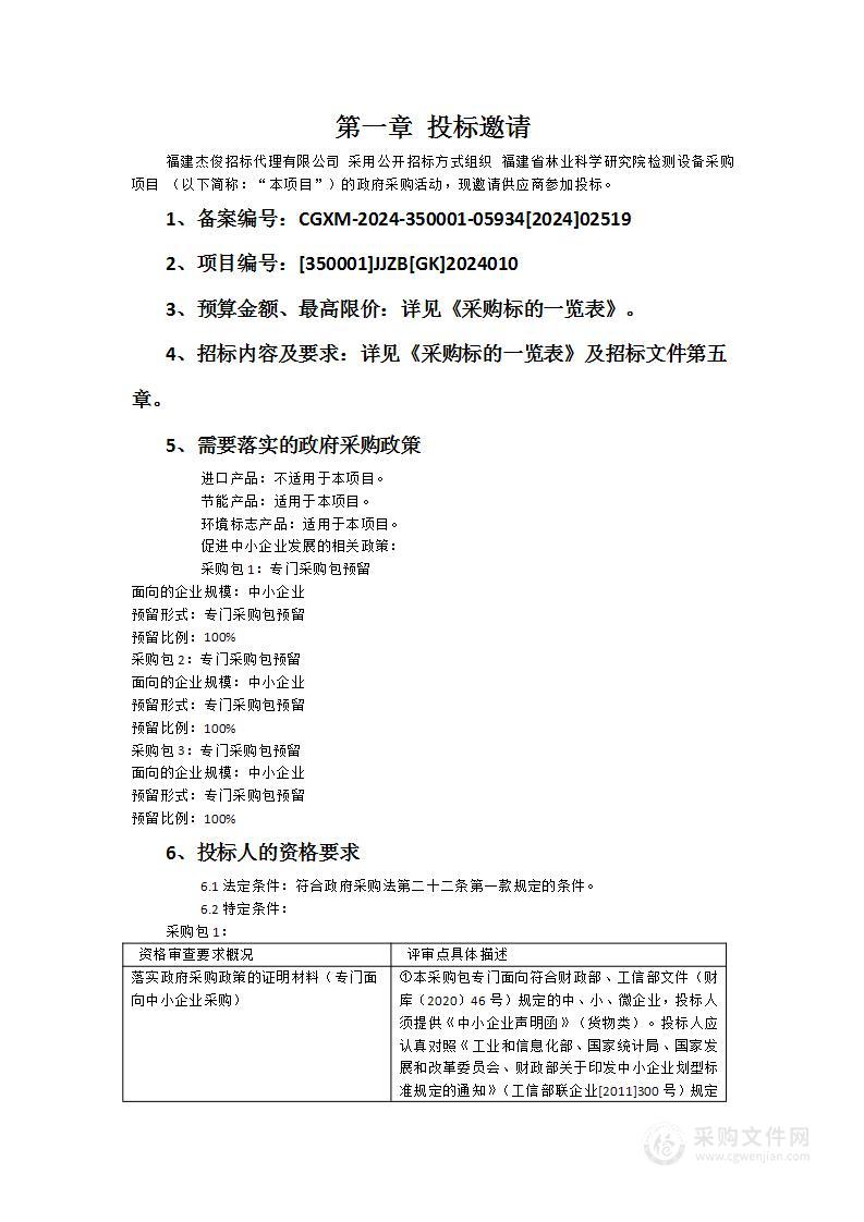 福建省林业科学研究院检测设备采购项目