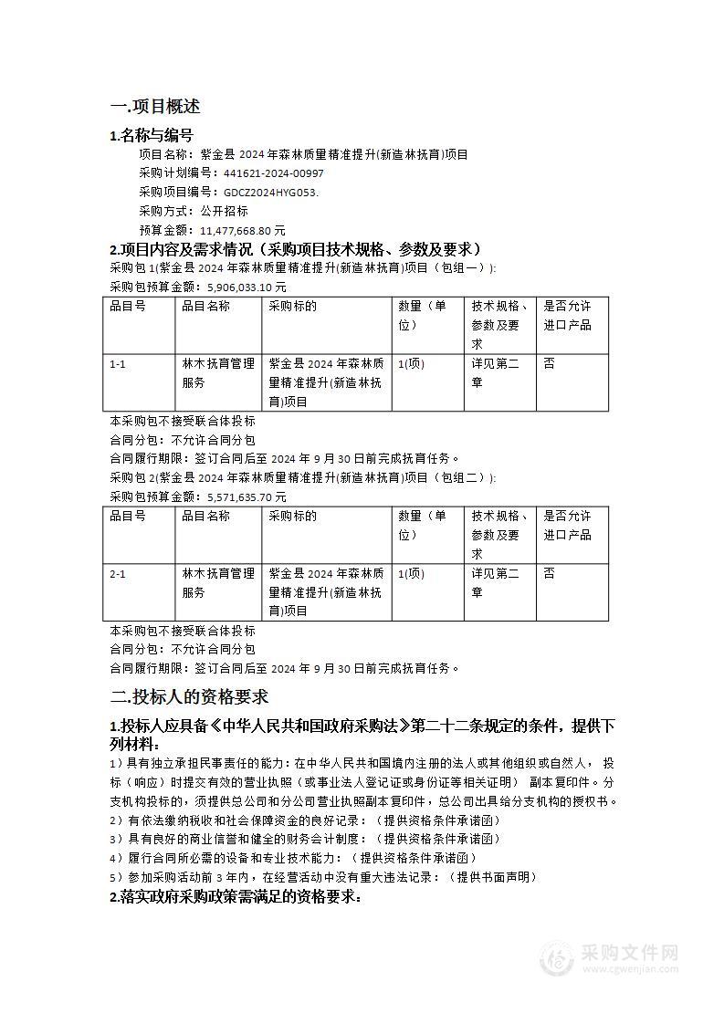 紫金县2024年森林质量精准提升(新造林抚育)项目