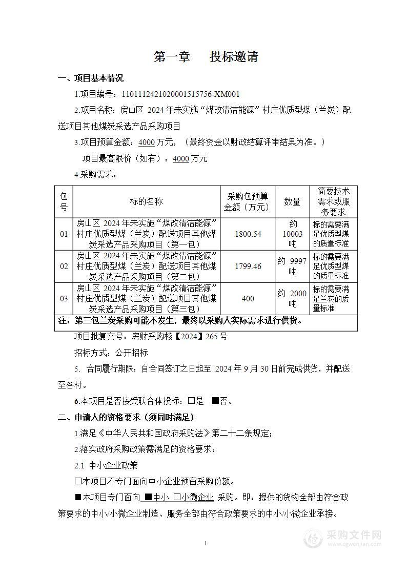 房山区2024年未实施“煤改清洁能源”村庄优质型煤（兰炭）配送项目其他煤炭采选产品采购项目