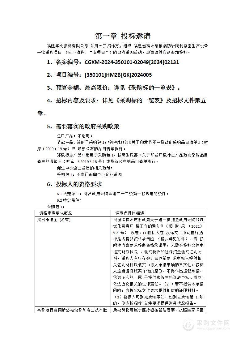 福建省福州结核病防治院制剂室生产设备一批采购项目