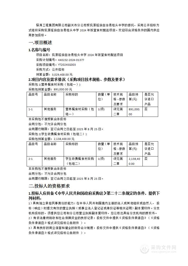 乳源瑶族自治县桂头中学2024年饭堂食材配送项目