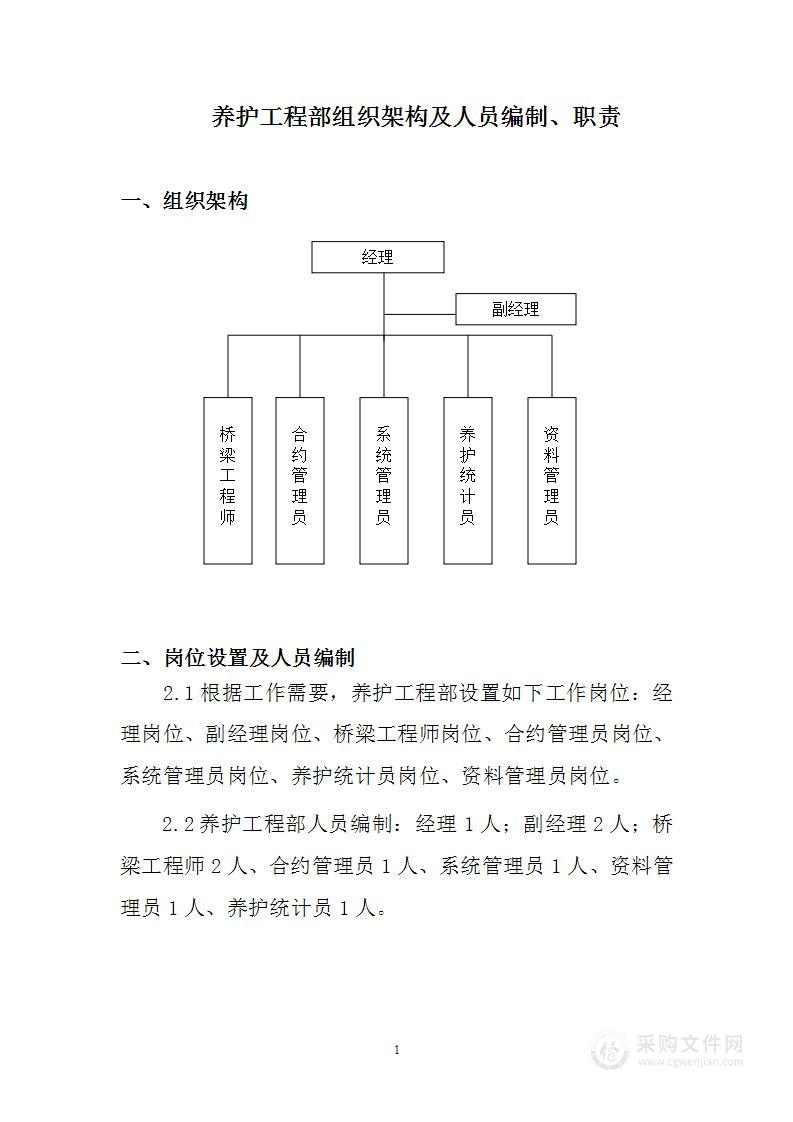 养护工程部组织架构及人员编制、职责