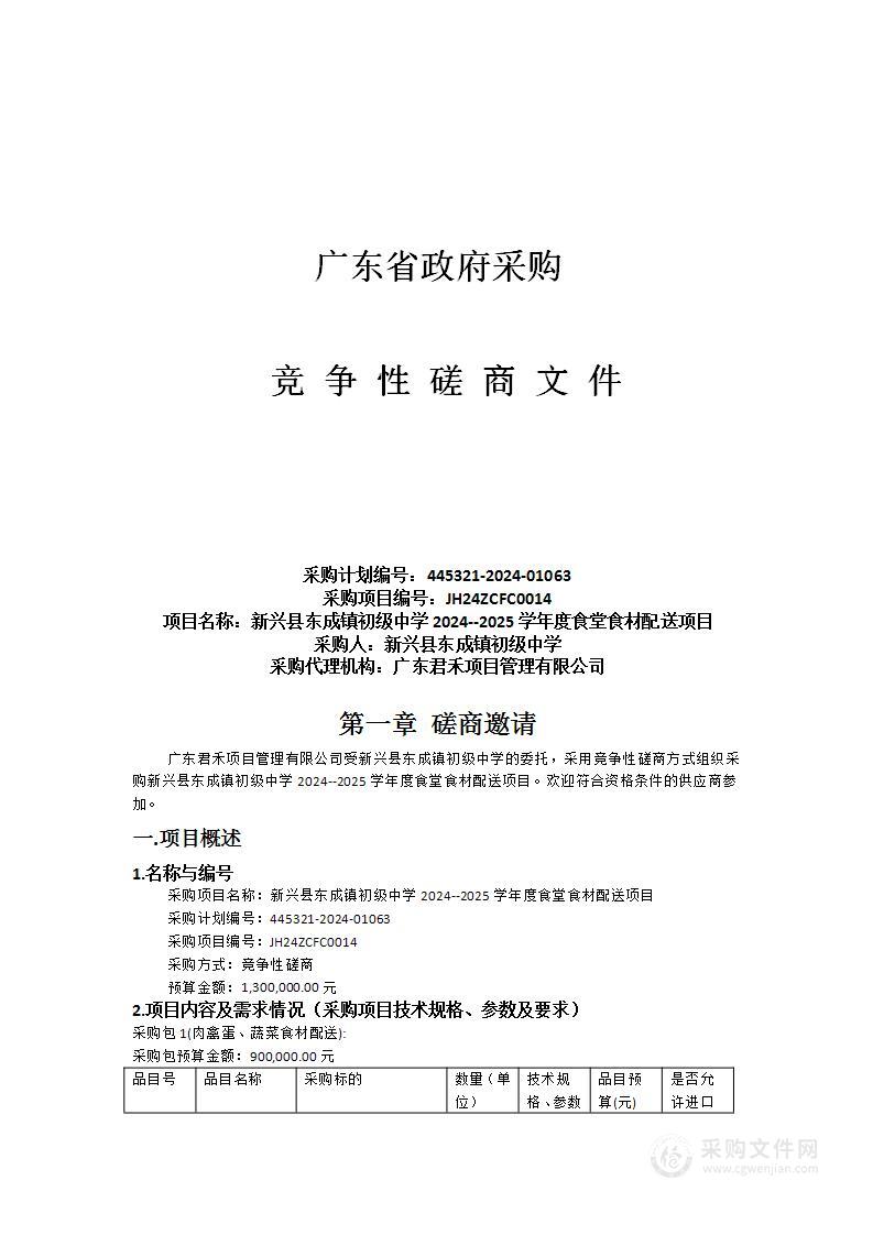 新兴县东成镇初级中学2024--2025学年度食堂食材配送项目