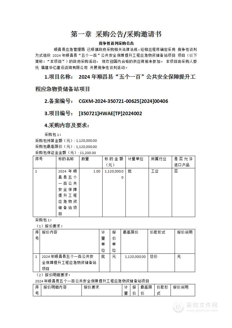 2024年顺昌县“五个一百”公共安全保障提升工程应急物资储备站项目