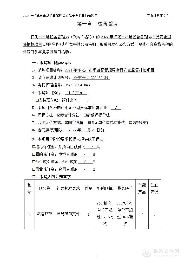 2024年怀化市市场监督管理局食品安全监督抽检项目