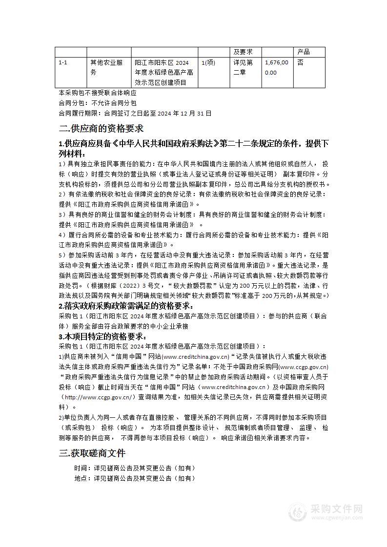 阳江市阳东区2024年度水稻绿色高产高效示范区创建项目