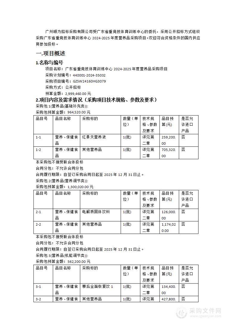 广东省重竞技体育训练中心2024-2025年度营养品采购项目