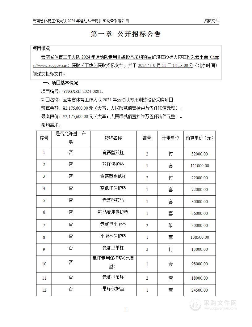 云南省体育工作大队2024年运动队专用训练设备采购项目