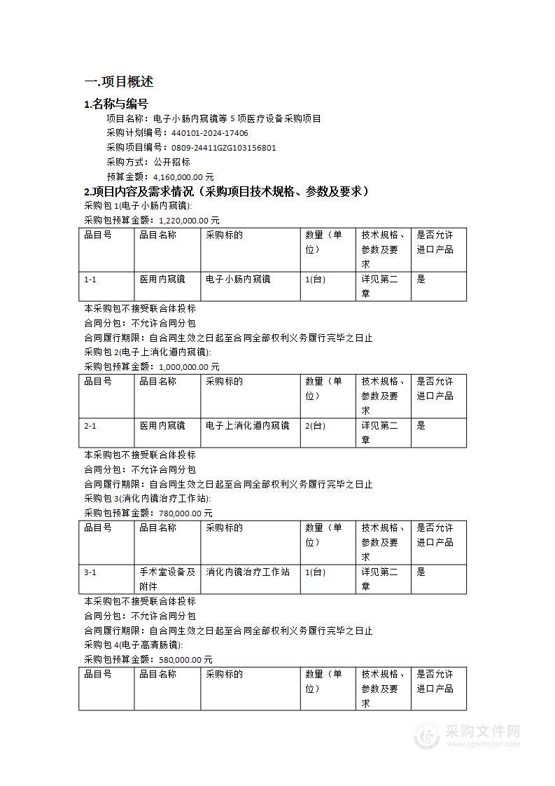 电子小肠内窥镜等5项医疗设备采购项目